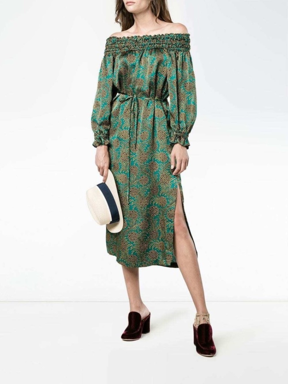 HANEY Flora Silk Satin Off-the-Shoulder Midi Dress in Green Size 2 $848